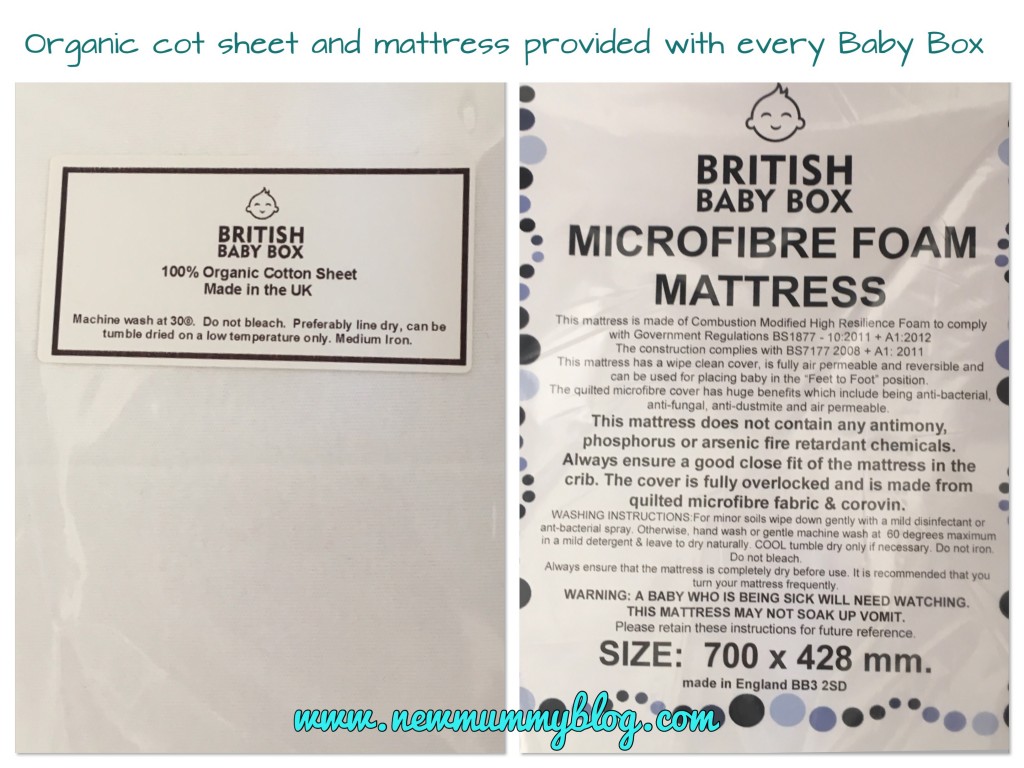 British Baby Box includes an organic cotton fitted sheet and a foam mattress