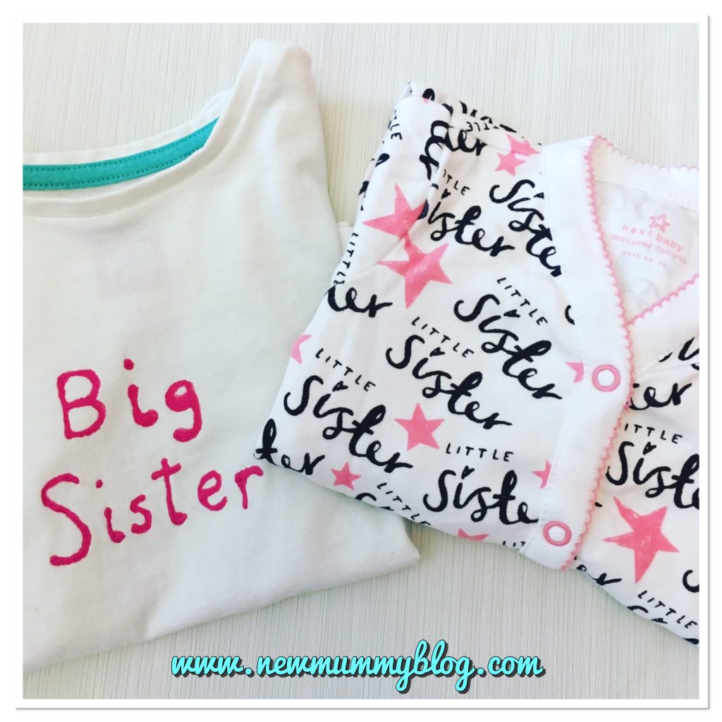 gender reveal post - big sister t-shirt and little sister babygro