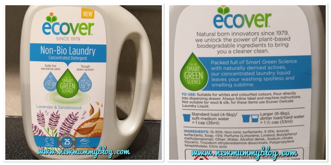 Washing with Ecover non-bio concentrated detergent at 30C, sensitive skin, poonami baby grows newborn Ecover bottle