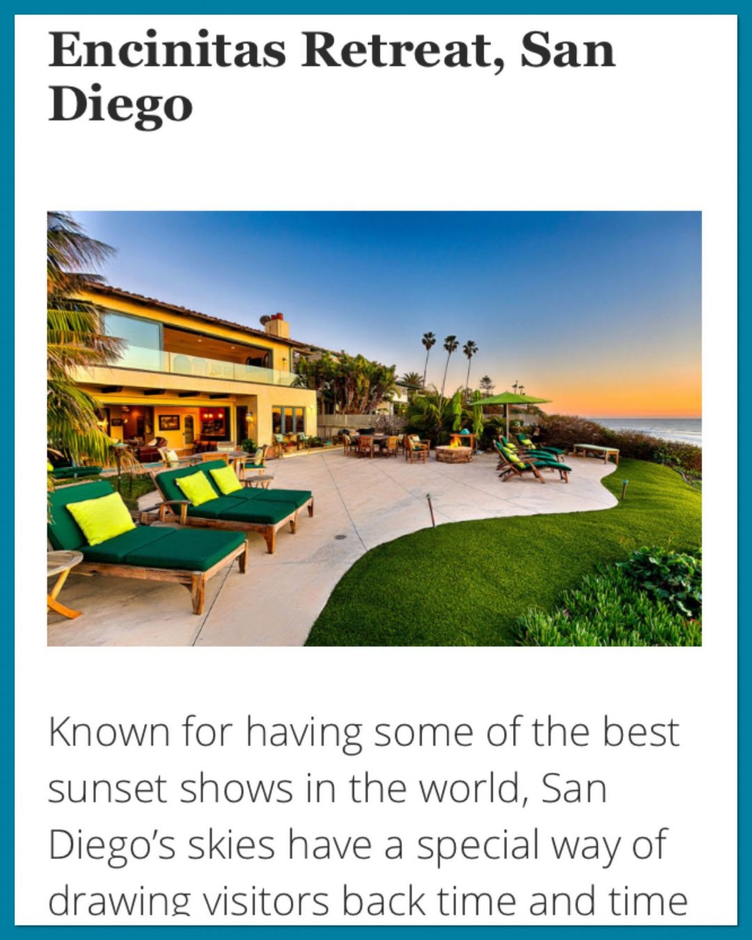 San Diego luxury beach front property and sunset I dream of for ending our Route 1 road trip - screenshot of Luxury Retreats Magazine