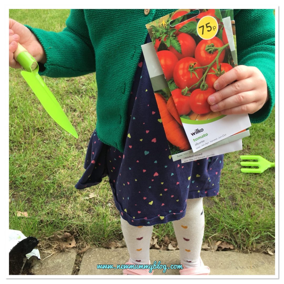 Gardening with a 3 year old, holding her spade, and seeds 