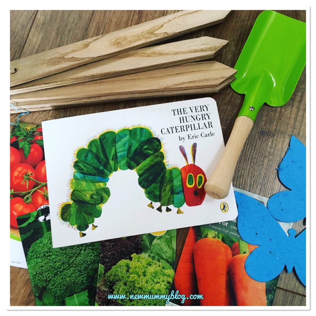 Gardening with a toddler - kids gardening tools, seeds, plant stakes, The Hungry Catepillar Book - gardening 