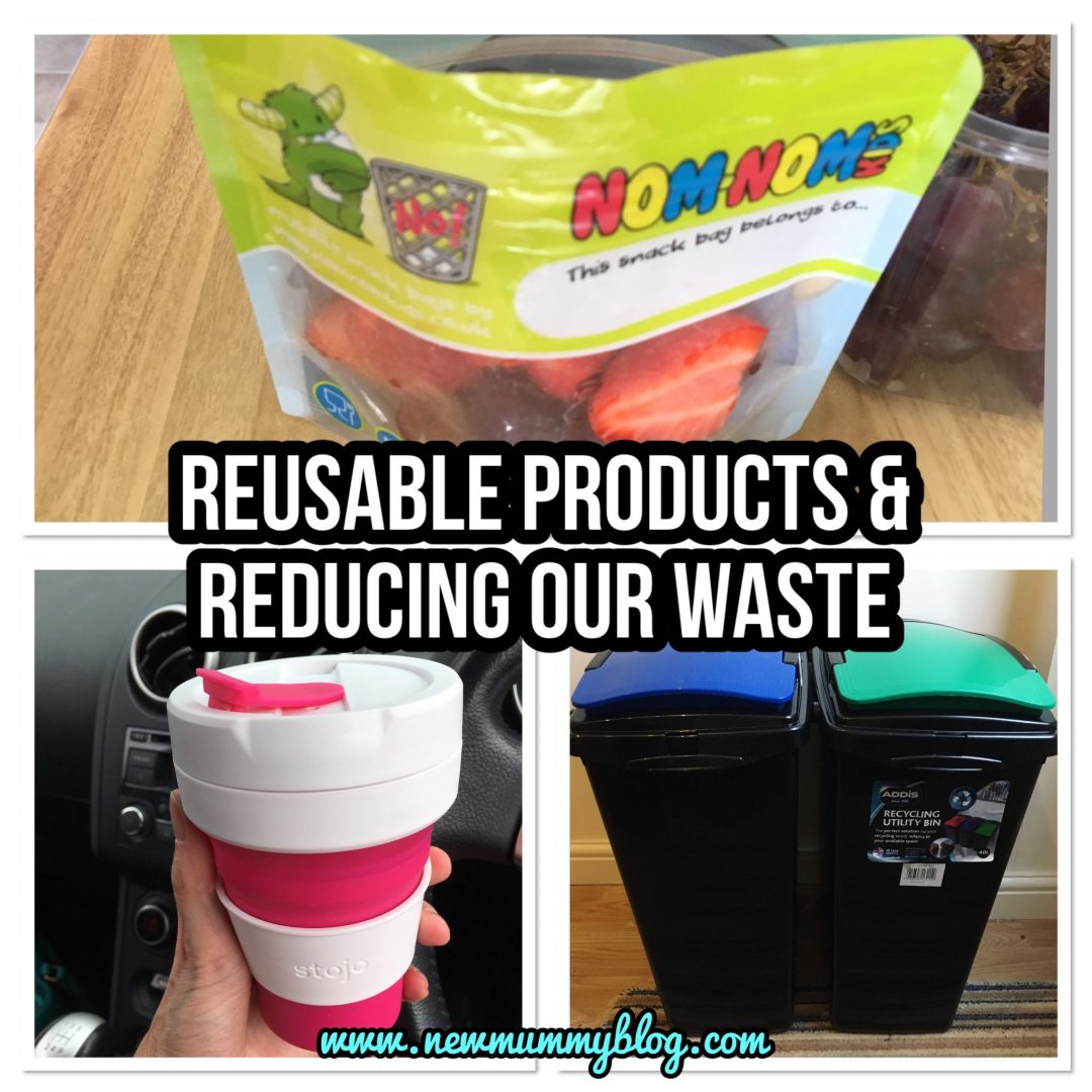 Reducing plastic, Reducing our waste, products to deduct our waste, collapsible reusable coffee cup Stojo, Nom Nom kids reusable snack and smoothie pouches - #zerowasteweek zero waste week