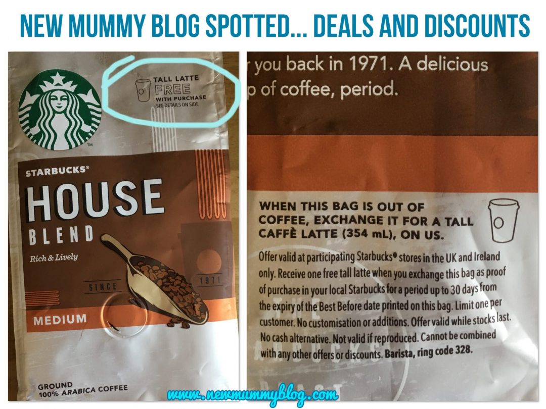 Free Starbucks latte with ground coffee bag deals and discounts on New Mummy Blog parenting moneysaving blogger