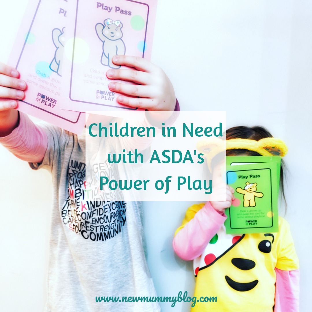 Girls in Asda Children in Need tops and headbands show the Asda Power of Play playing cards 2019
