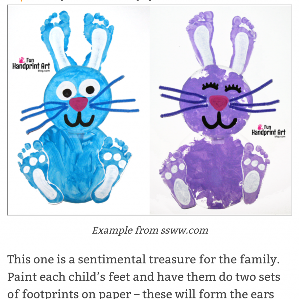 Free Easter activities during schools closed COVID19 -  Teachwire www.ssww.com Easter bunny footprint art