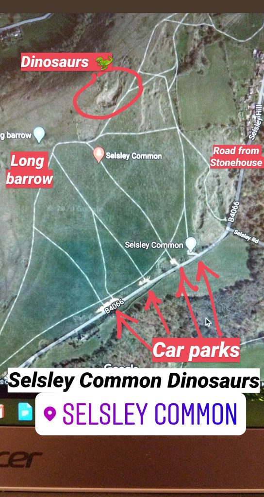 Map of Selsley Common parking and how to find where the dinosaurs are in Selsley Quarry